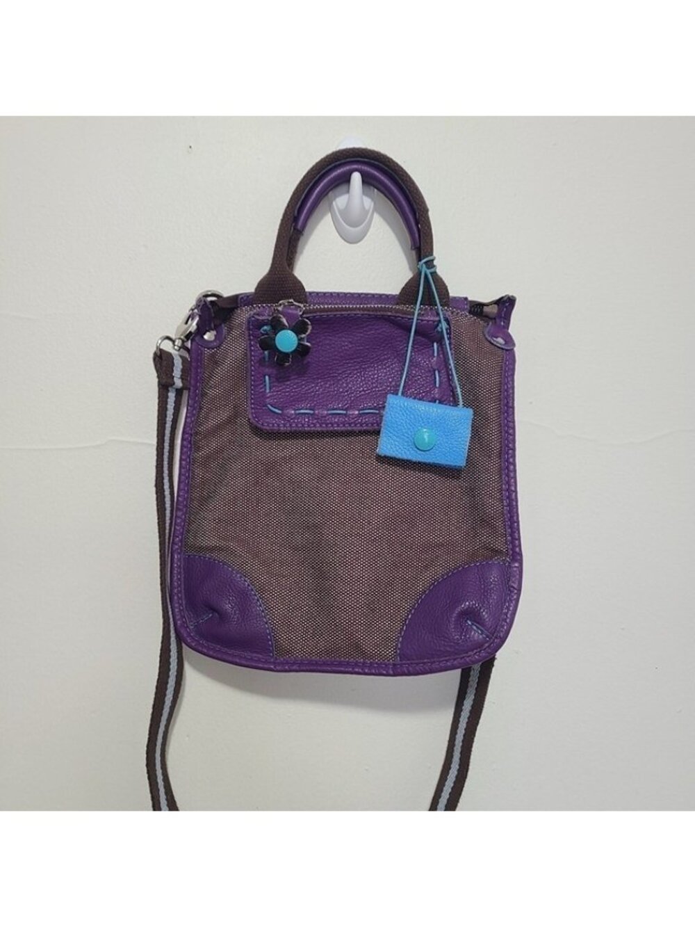 New GABS Crossbody Bag Purse Made In ITALY Purple Canvas Leather